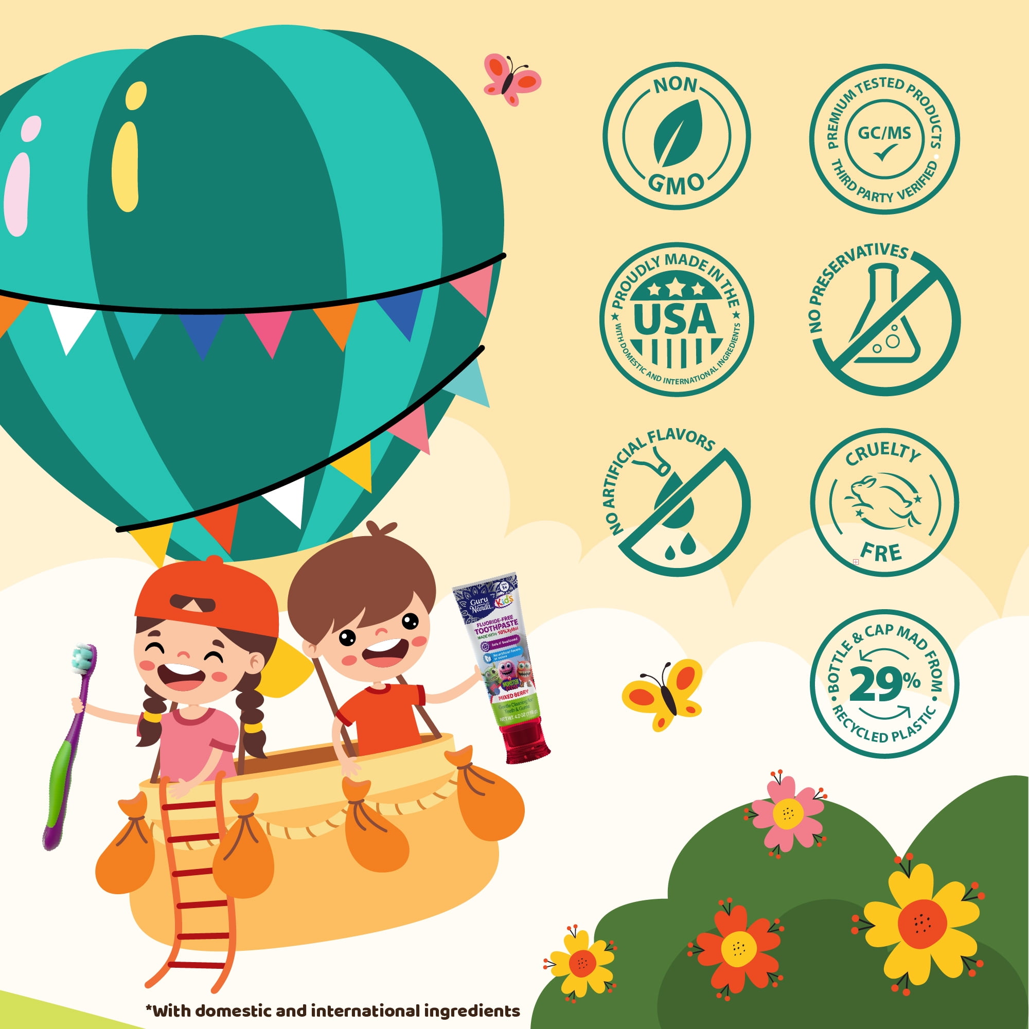 GuruNanda Kids Oral Care Regimen Kit with Toothpaste, Butter On Gums Toothbrush, Oil Pulling Mouthwash, Giraffe Floss Picks, Water Flosser & Tongue Scrapers