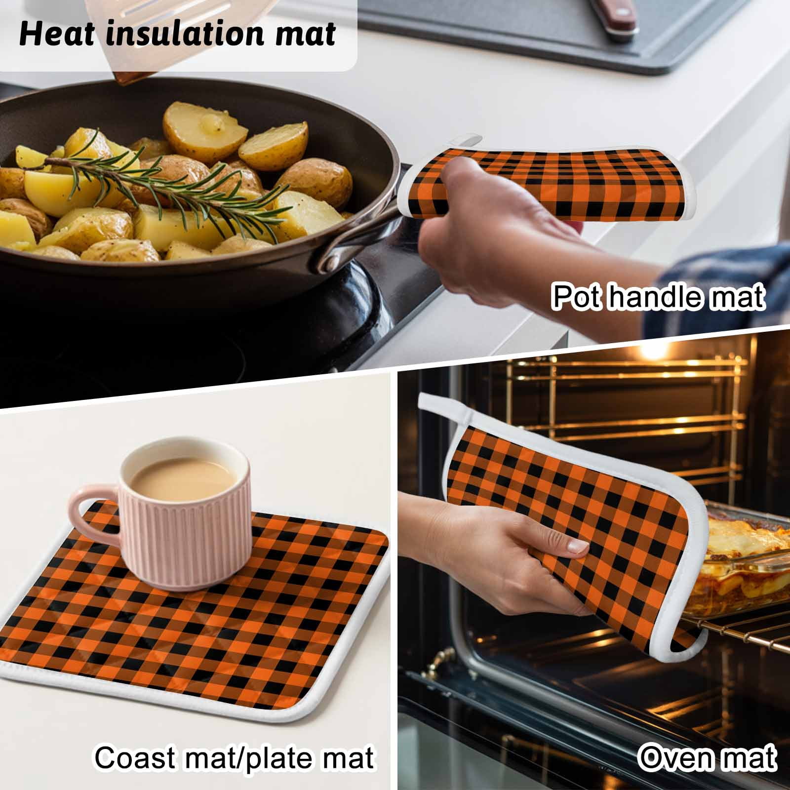 Farm Buffalo Plaid Pot Holders for Kitchen Heatproof Potholder, 2 Pack Orange Black Checkered Hot Pads Multipurpose Oven Pads Cloth Potholders Trivet for Cooking and Baking