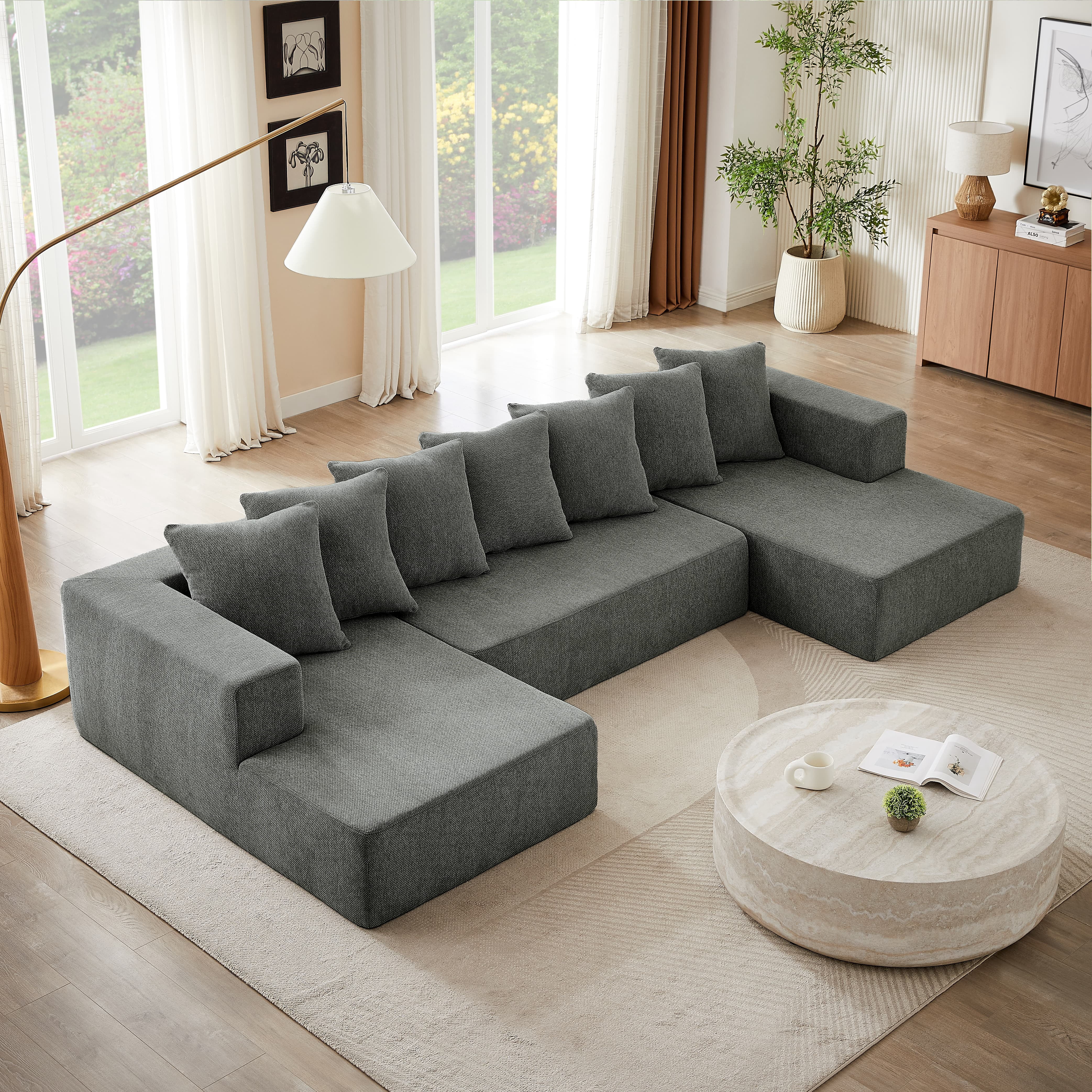 MAYEERTY Chenille U-Shape Oversized Sectional Sofa, Minimalist & Comfy Cloud Couch for Living Room, 128×61" Gray