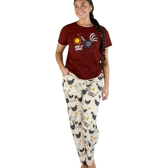 Lazy One Women's Pajama Set, Short Sleeves with Cute Prints, Relaxed Fit, Rise & Shine Chicken