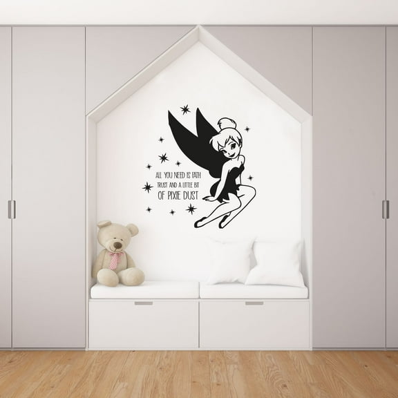 All You Need Is Faith, Trust, And A Little Bit Of Pixie Dust - Tinkerbell Drawing Quote Vinyl Wall Art Wall Decal Wall Sticker Home Decoration Design Kids Girls Room Wall Décor Size (40x40 inch)