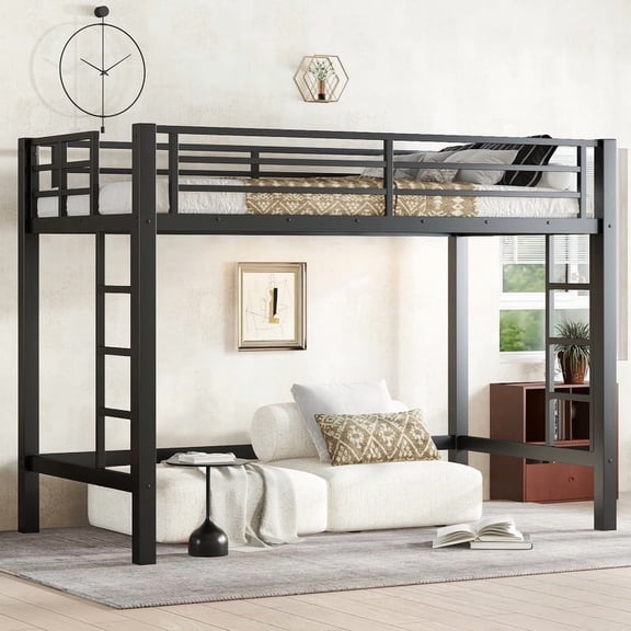 URTR Twin XL Loft Bed with Easy Climbing Ladder, Metal Loft Beds Frame with Guardrails, Compact Loft Design for Space Saving Bedroom, Black