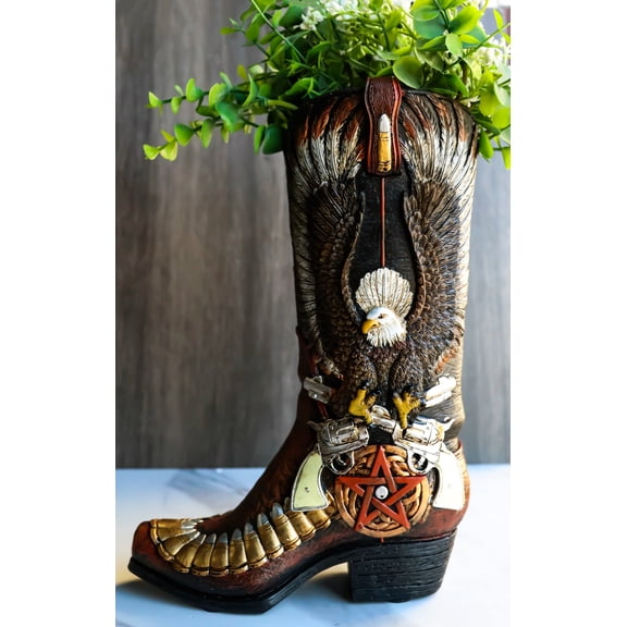 Rustic Western Eagle With Crossed Guns Star Bullets Boot Vase Planter Figurine