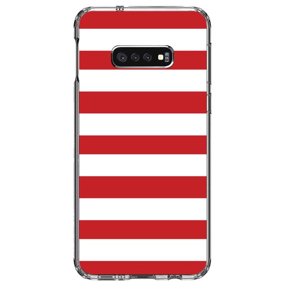DistinctInk Clear Shockproof Hybrid Case for Samsung Galaxy S10e (5.8" Screen) - TPU Bumper, Acrylic Back, Tempered Glass Screen Protector - Red & White Bold Horizontal Stripes