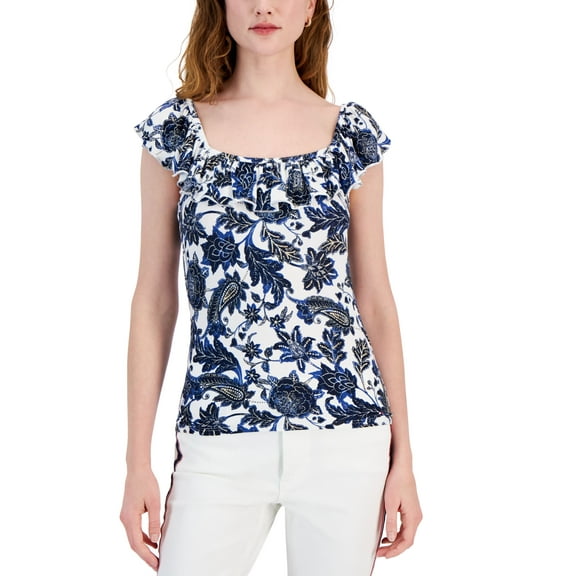 Women's Batik Floral Printed Ruffled Top Sky Captain Multi XS