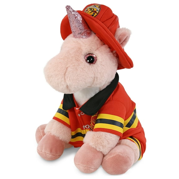 DolliBu Unicorn Firefighter Stuffed Animal - Sper Soft Pink Unicorn Fireman Toy with Red Fireman Costume Outfit and Fireman Hat, Cute Fantasy Stuffed Fire Fighter Doll Plush Toy for Kids - 9 Inch
