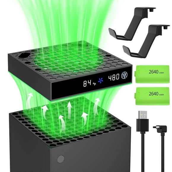Ventilador de refrigeración para Xbox Series X y S, ventilador de refrigeración con interruptor automático, pantalla LED, bajo nivel de ruido, puerto USB 2.0 y 2 baterías recargables de 1100 mAh