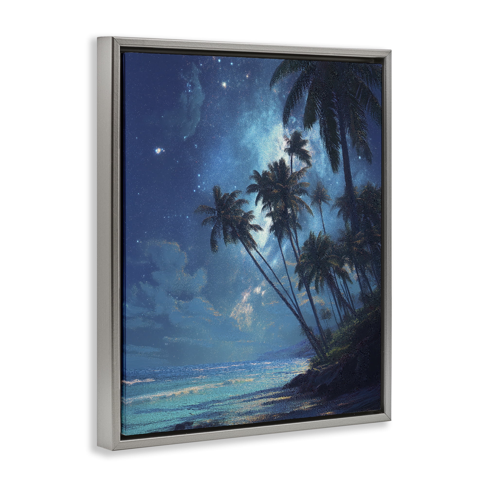 Moonlit Beach Palm Trees Gray Framed Floater Canvas Wall Art, design by Ziwei Li