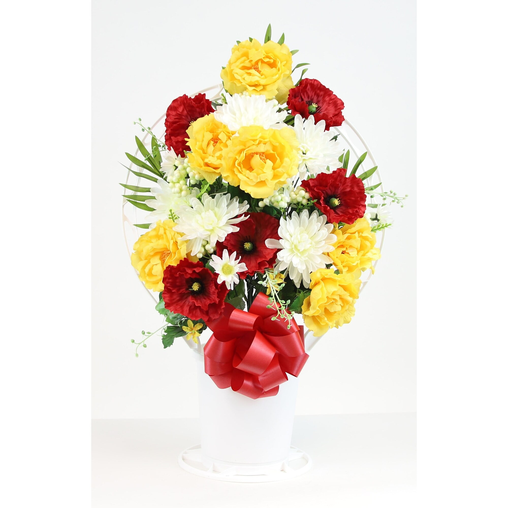 Memorial Rose Poppy & Mum Mix Arrangement in Large, White Cemetery Hoop Basket with Handle - N/A Blue, Orange, White