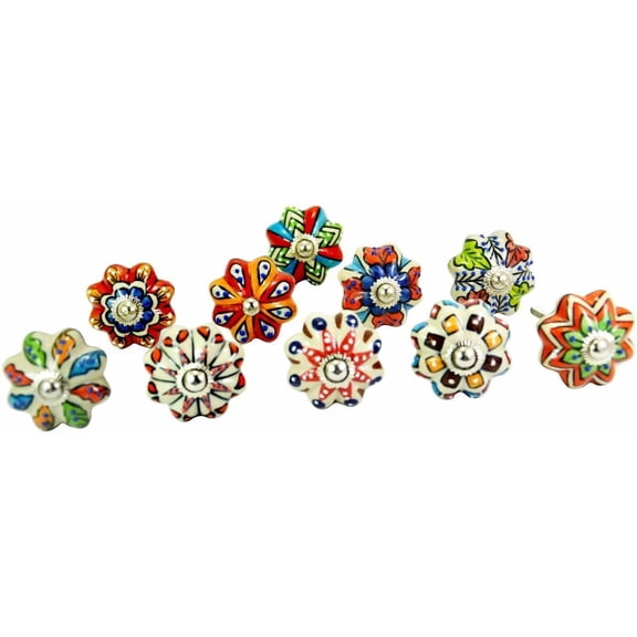 DORPMARKET Set of 10 Vintage Color Multi Designed Ceramic Cupboard Cabinet Door Knobs Drawer Pulls & Chrome Hardware
