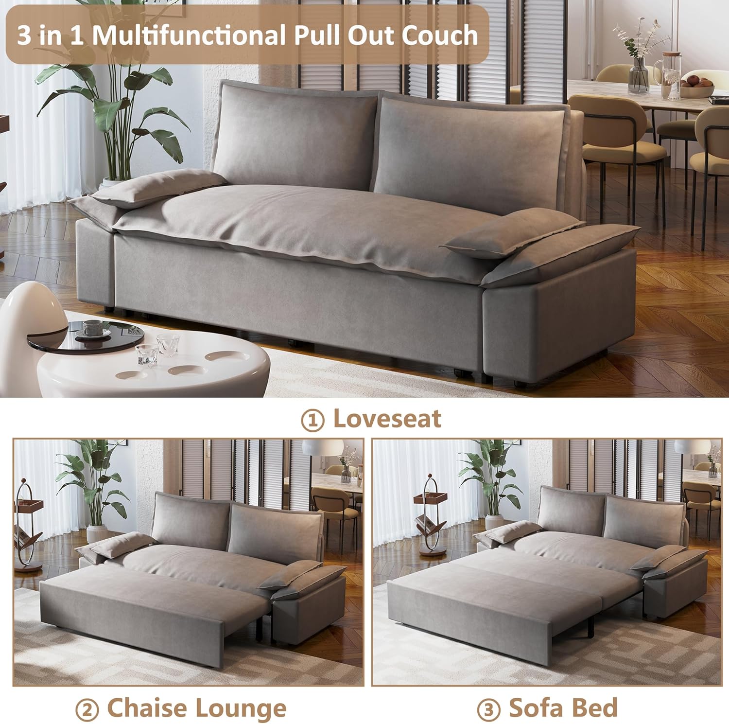 DEALTOPS Queen Pull-Out Sleeper Sofa Bed, 3-in-1 Velvet Loveseat for Small Spaces, Gray