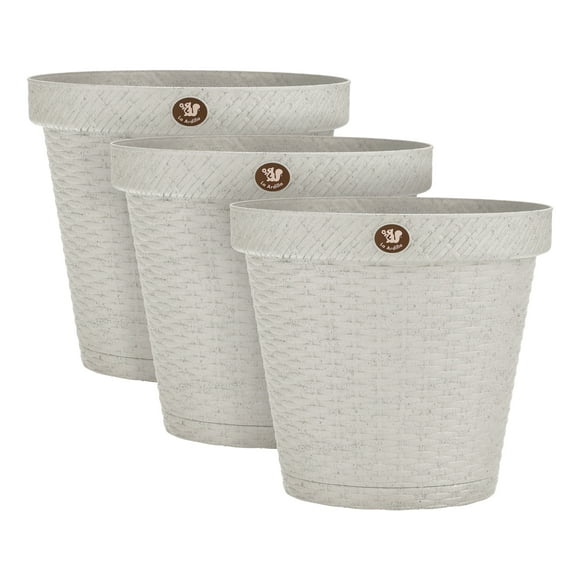 Kit de 3 Macetas de Plástico, Acabado Rattan, con Plato Externo para Evitar escurrimiento de AguA. Blanco Cantera