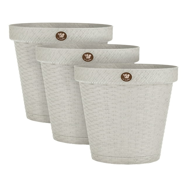 Kit de 3 Macetas de Plástico, Acabado Rattan, con Plato Externo para Evitar escurrimiento de AguA. Blanco Cantera