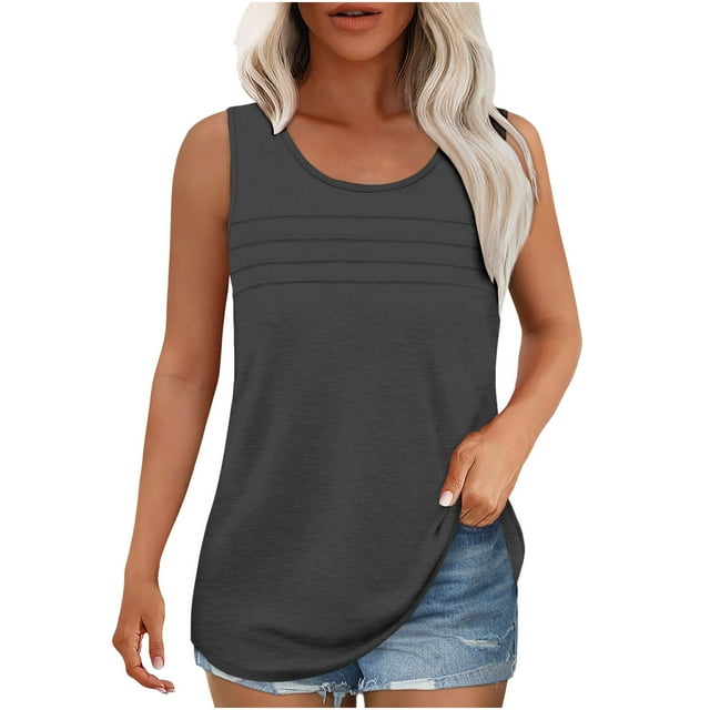 Besolor Womens Summer Sleeveless Shirts 2025 Casual Round Neck Tank Tops Loose Solid Color Basic Tee Plus Size