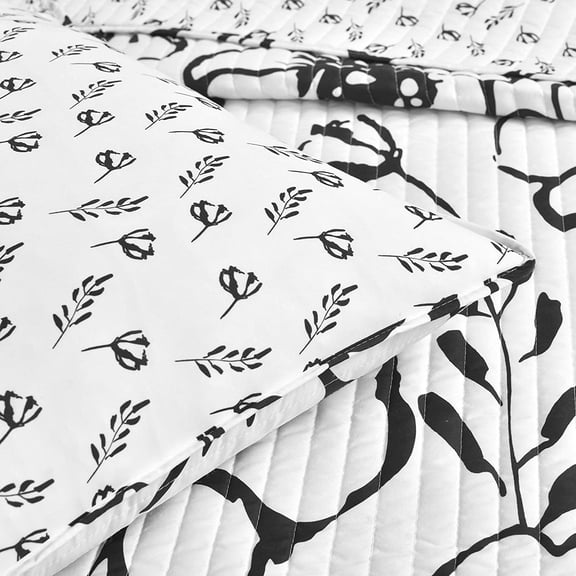 Scandinavian Floral Quilt Queen Size Reversible 3 Piece Set Full/Queen Black & White - Floral Bedding Set Queen Quilt - White Bedding