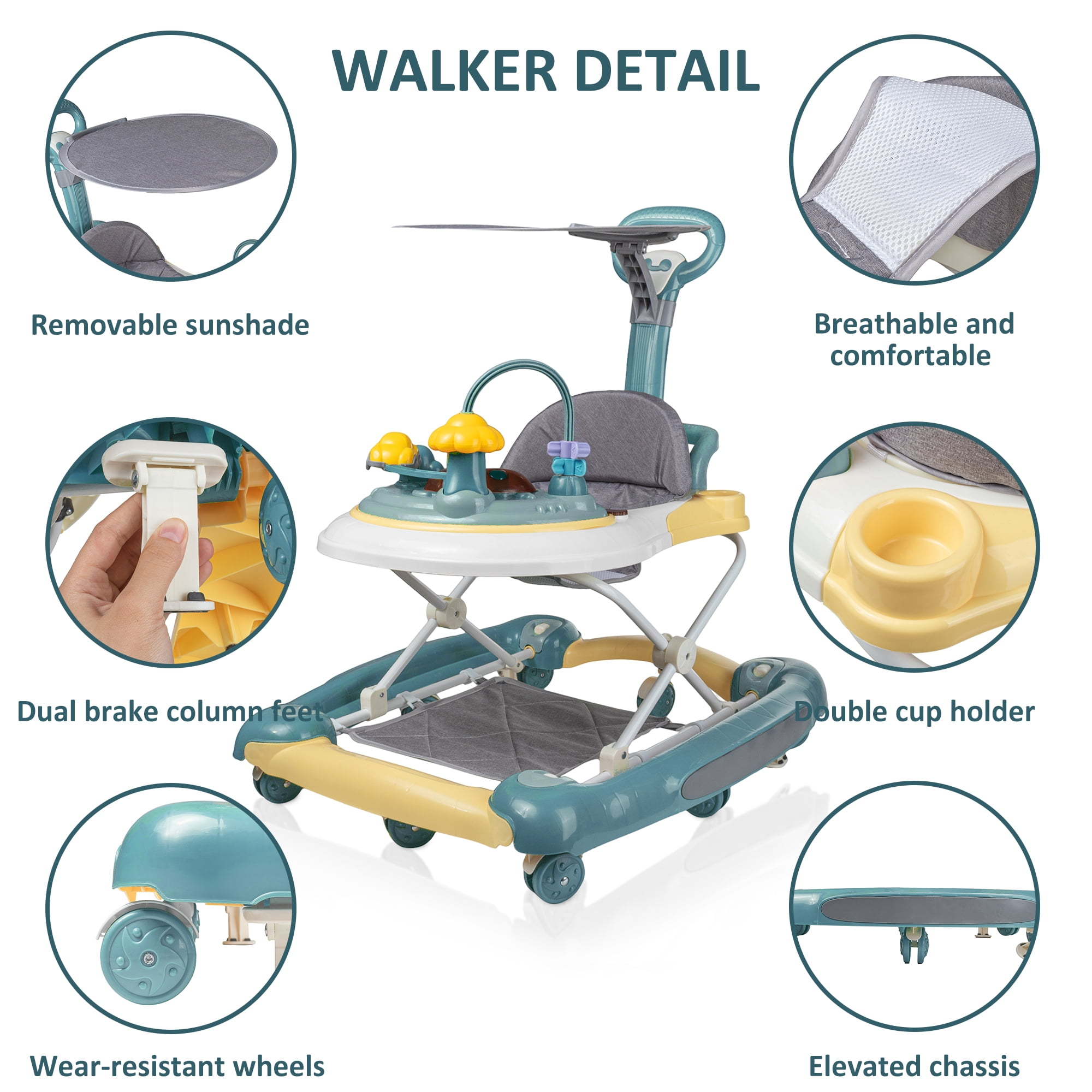 HAOUUCYIN 4-in-1 Baby Walker, Music Activity Push Walker with Wheel, Foldable and Height Adjustable, Green