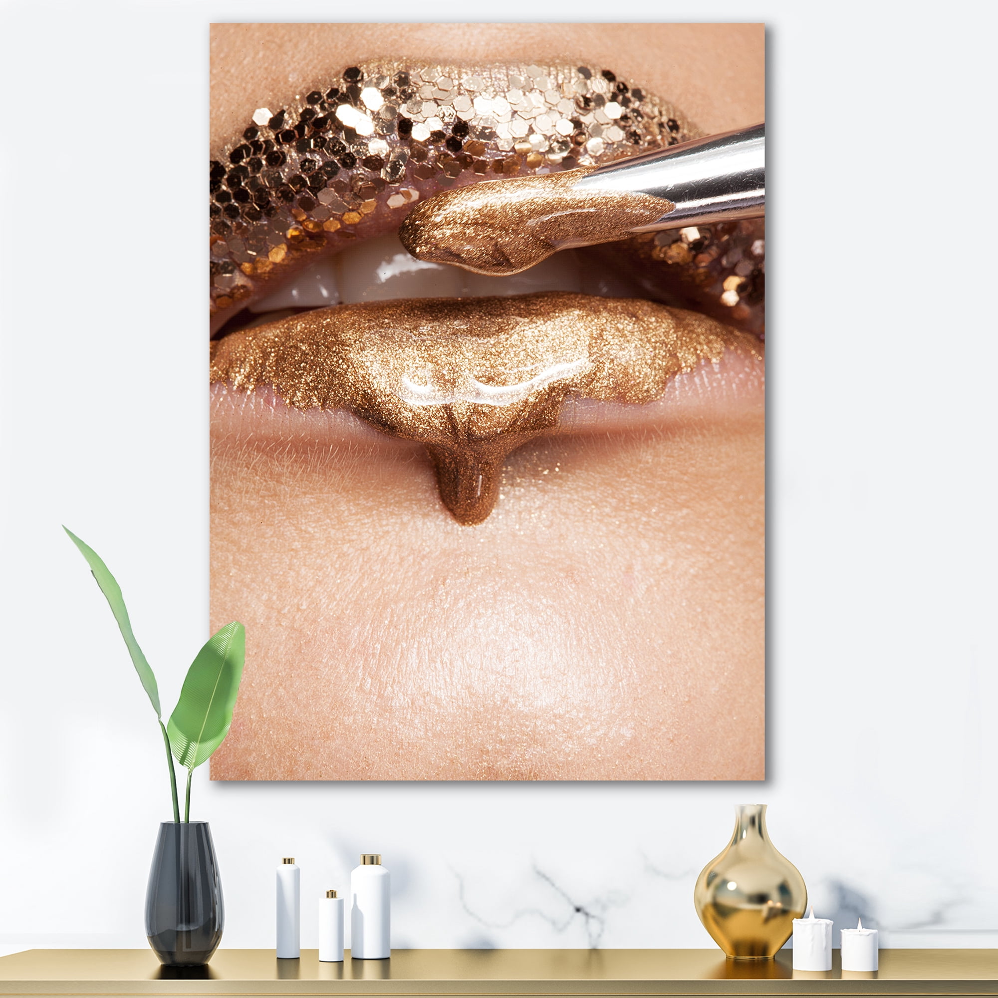 Designart ' Lipstick and Makeup On The Face Of A Beautiful Model ' Modern Canvas Wall Art Print