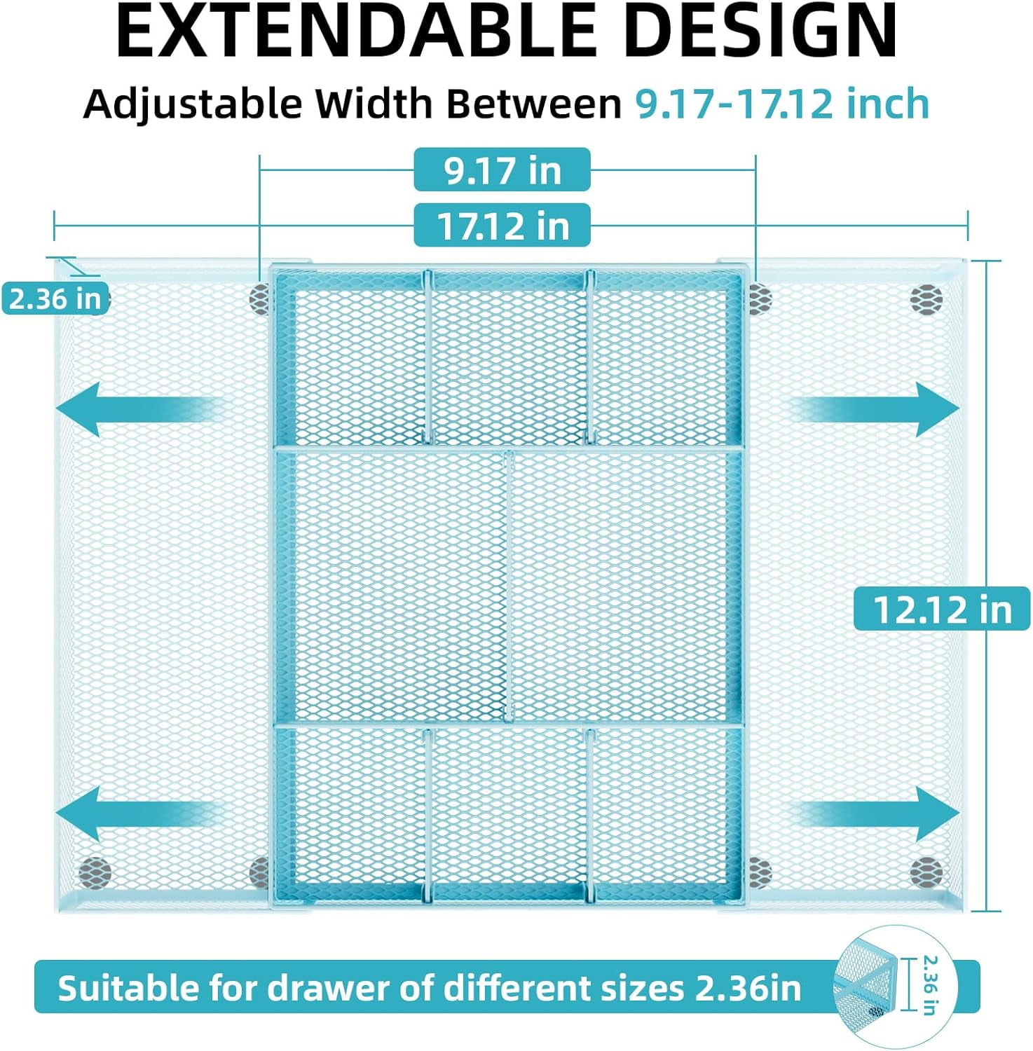 Expandable Desk Drawer Organizer, Mesh Drawer Organizer Tray with 10 Adjustable Compartments, Desk Organizers and Accessories for Office Supplies, Makeup & Vanity (Expandable-Blue 2 pack)