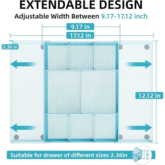 EISRUNGF- Expandable Desk Drawer Organizer, Mesh Drawer Organizer Tray with 10 Adjustable Compartments, Desk Organizers and Accessories, 5 Dividers Drawer for Office Supplies, Makeup & Vanity (White)