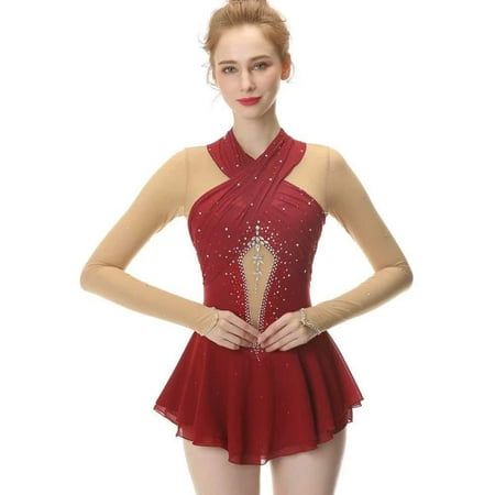 Red Figure Skating Dress,Long-Sleeved Ice Skating Skirt,Fingerpoint Sleeves Spandex Competition Dresses Mesh Skirt