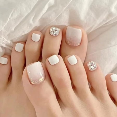 White Press on Toenails for Women Glitter Rhinestones Fake Toe Nails Tips Glossy Short Square Acrylic False Glue on Toenails for Women 24Pcs Toenails White Glitter Design A01 1 Count (Pack of 1)