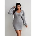thumbnail image 3 of AURA Plus Size Women's Bodycon Dress V Neck Long Sleeve Faux Two Piece High Waist Short Dress, 3 of 8