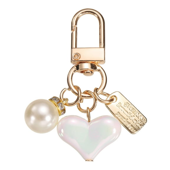 Heart Keychain Charm for Women, Metal Cute Heart & Pearl Purse Bag Charm for Car Keyring (White/Gold)