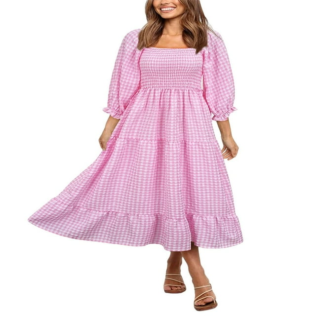 Femmes Été Robe Bohème Adultes Off-Épaule Smocké Volant Puff Sleeve Plaid Robe de Soleil