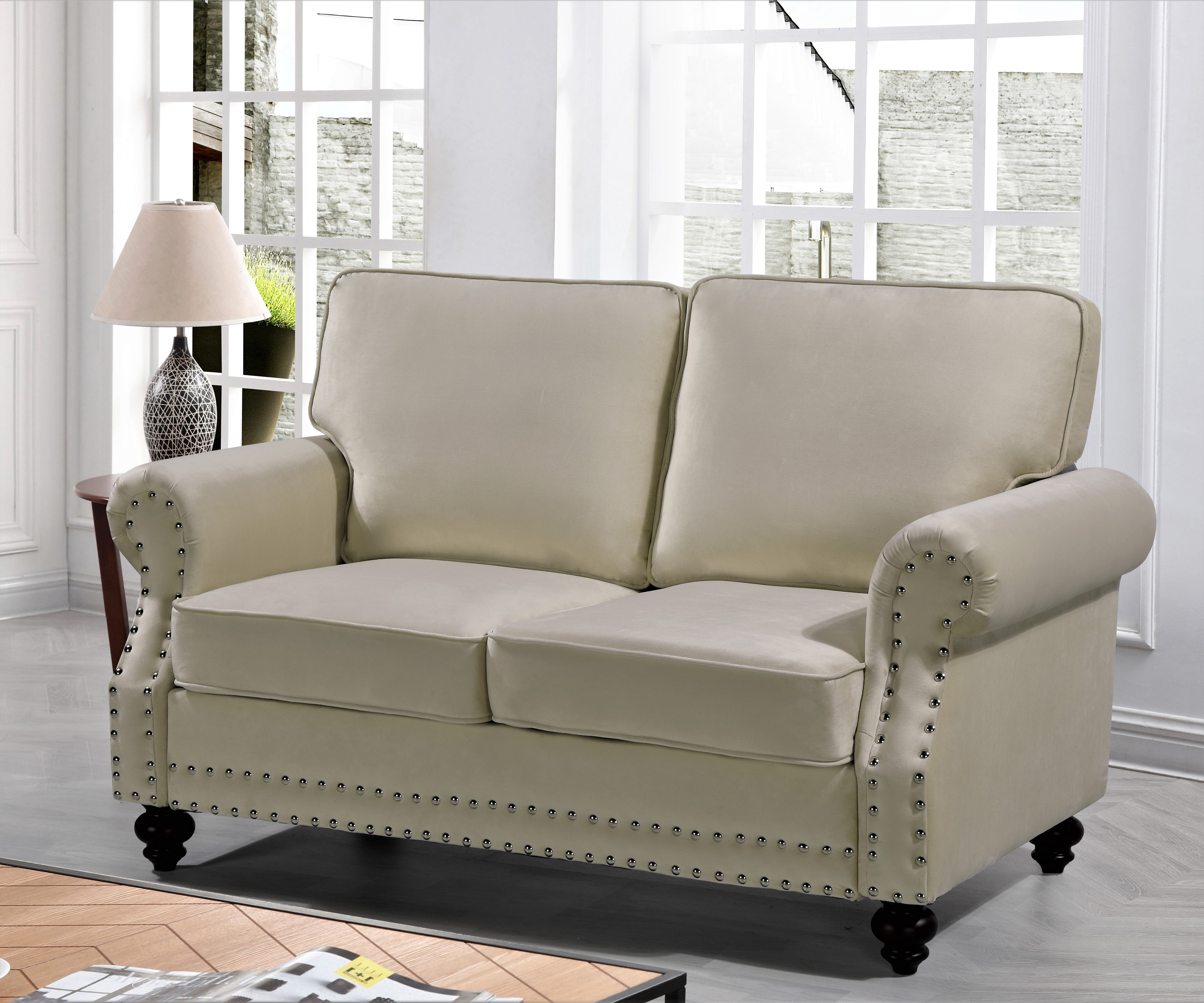 Uspridefurniture Feingold 61.4'' Velvet Rolled Arm Loveseat,Beige