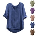thumbnail image 1 of Tops occidentales para mujer,Blusa de manga corta de mezcla de lino para mujer, cuello redondo, color liso, suave y transpirable, ideal para primavera y verano, sopatenor, 1 of 8