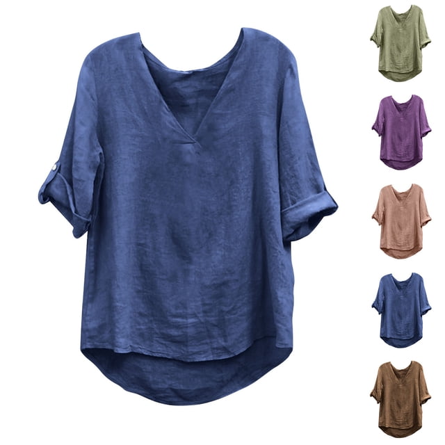 Tops occidentales para mujer,Blusa de manga corta de mezcla de lino para mujer, cuello redondo, color liso, suave y transpirable, ideal para primavera y verano, sopatenor