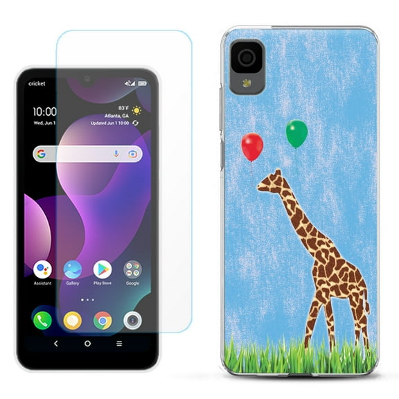 Slim-Fit Gel TPU Phone Case for TCL 30Z / 30 Z / 30 LE, with Tempered Glass Screen Protector, by OneToughShield ® - Giraffe/Balloon