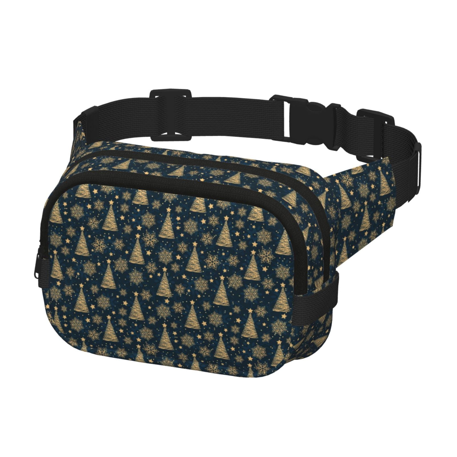 Picia Gold Snowflake Christmas Tree Print Square Double-Layer Waist Bag Mini Adjustable Waist Belt Bag Exercise Running Travel Hiking