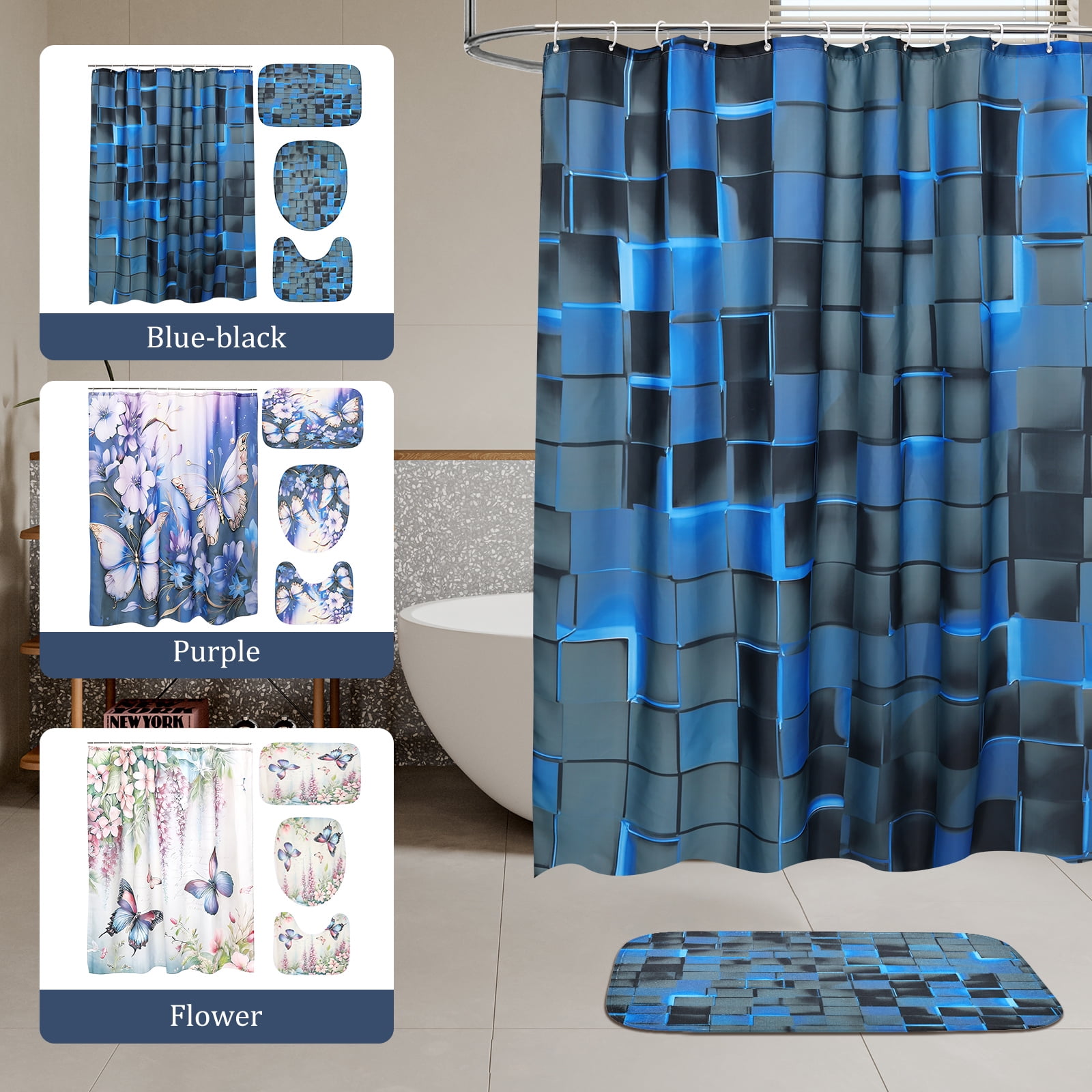 Dznils 3D Blue Cubes Shower Curtains and Bath Rug Set, Modern Fabric Bathroom Curtain Sets, 72" x 72"