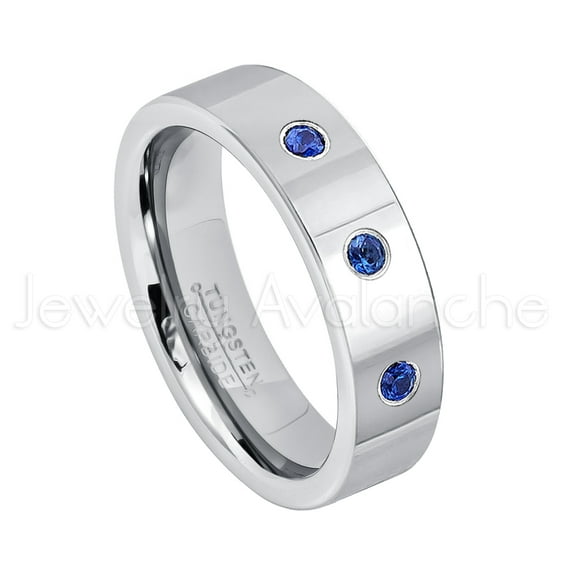 6mm Pipe Cut Tungsten Ring - 0.21ctw Blue Sapphire 3-stone Band - Personalized Tungsten Wedding Ring - Custom Made September Birthstone Ring TN020BS