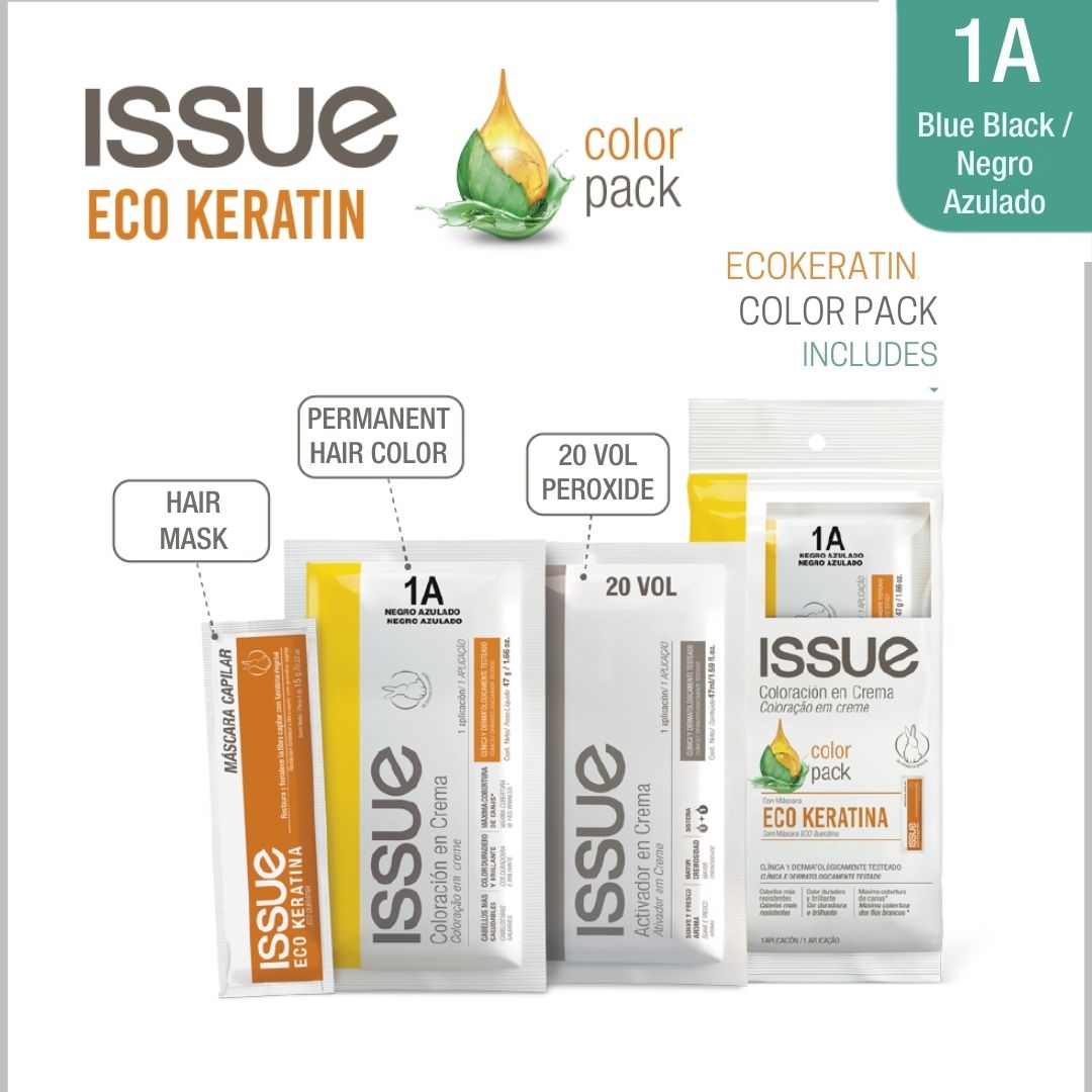 Issue Color Keratin Pack, Includes Color, 20 Vol Peroxide and Keratin Mask, 1A Blue Black, Negro Azulado, 3.78 oz