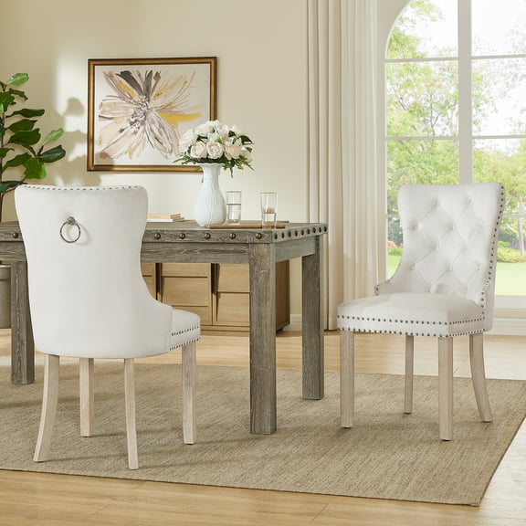 Morden Fort Velvet Dining Chair Set of 2, Upholstered Diamond Tufted Parsons Chair with Nailhead Trim, Solid Wood Frame Beige Chairs, Ergonomical Armless Chair for Dining Room, Kitchen,reakfast Nook