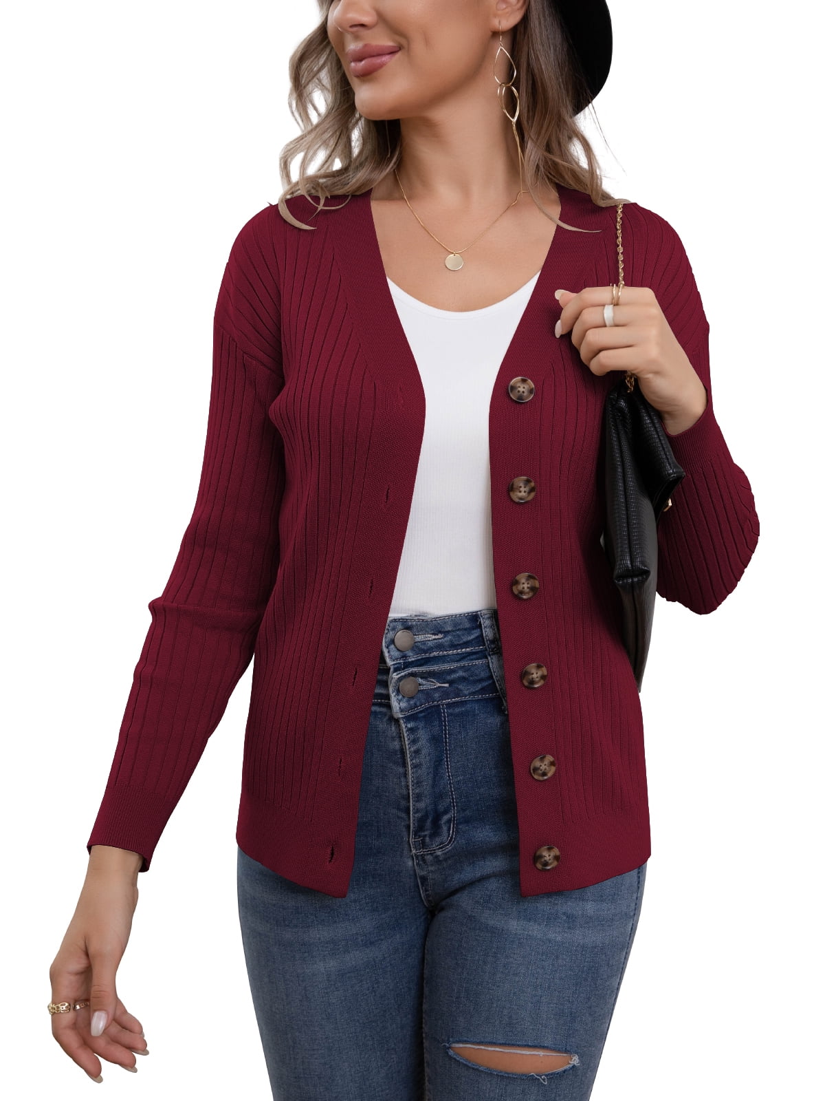 VERABENDI Women's Knit Cardigan Long Sleeve Button Down Sweater