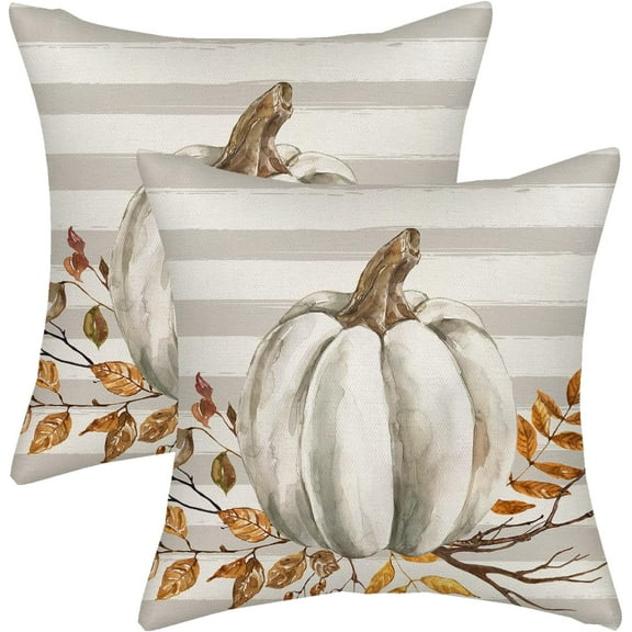 Fall Pillow Covers 18x18 Gray Stripes Pumpkin Decor Throw Pillows Case for Couch Maple Leaves Autumn Harvest Indoor Outdoor Decorative Cushion Cases for Sofa Bed Decorations Set of 2
