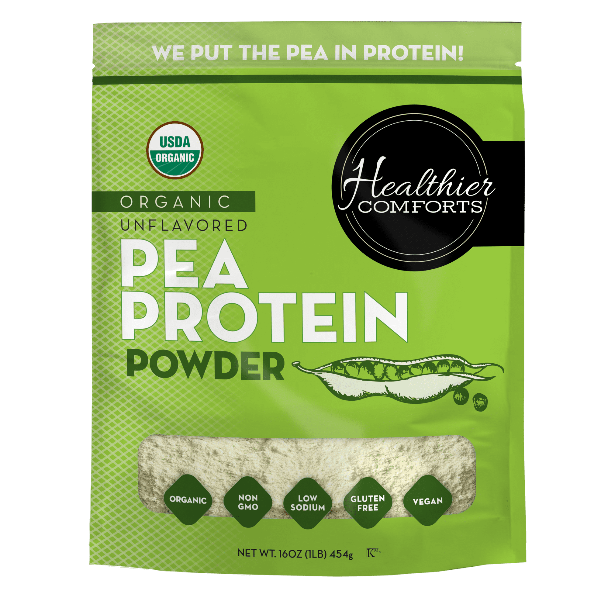 Healthier Comforts Organic Pea Protein Powder 16oz | Low Sodium, 100% Plant Based Protein Powder | Kosher, Gluten Free, Non-GMO, Keto Friendly | Unflavored Protein