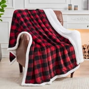 ROSEKIND Black and Red Buffalo Plaid Sherpa Throw Blanket | OEKO-TEX Certified | Reversible Fleece Throw, All-Season | Throw Size 50x60in