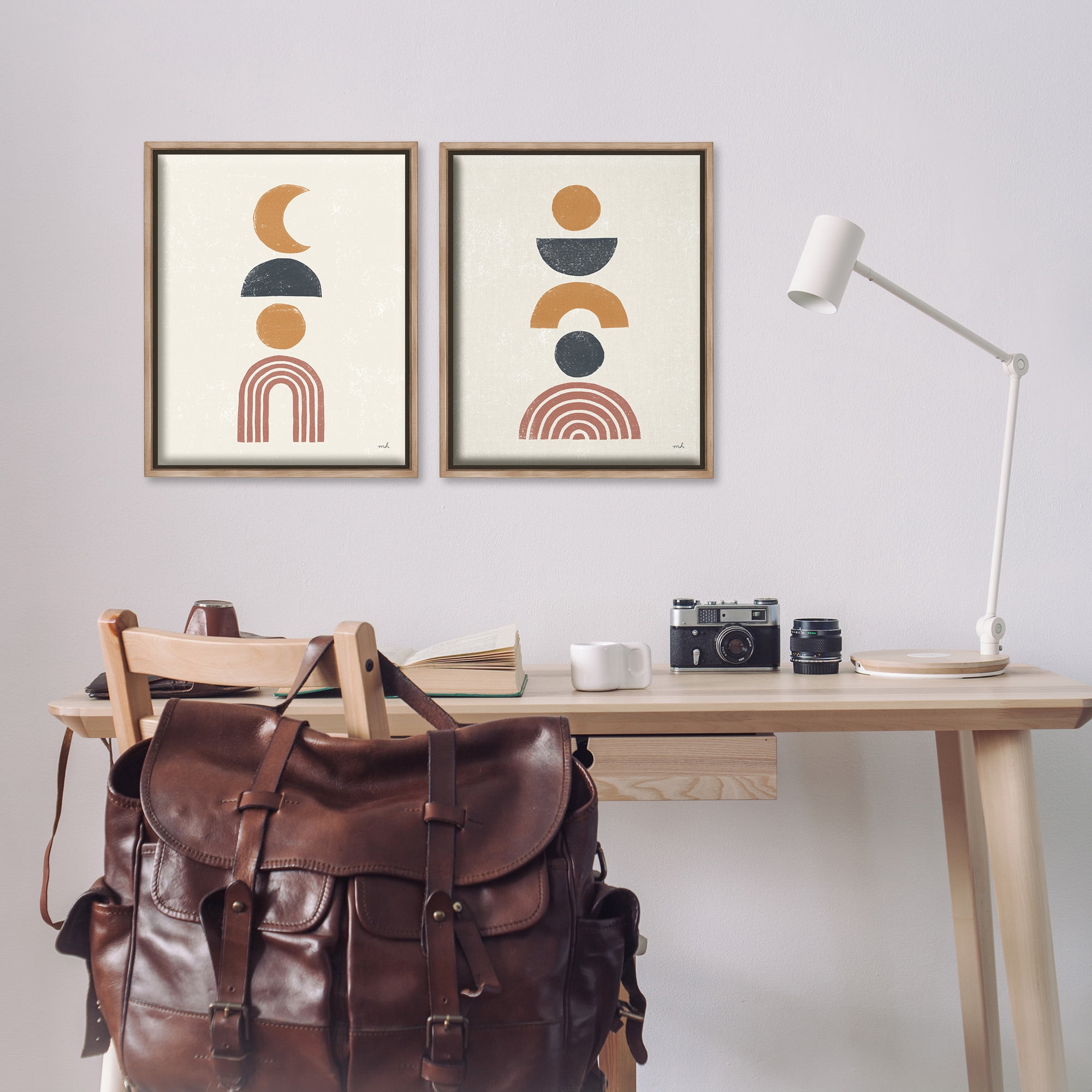 Stupell Industries Sun and Moon Bohemian Symbols Abstract Painting Brown Floater Framed Canvas Art Print Wall Art, 17 x 21, Set of 2