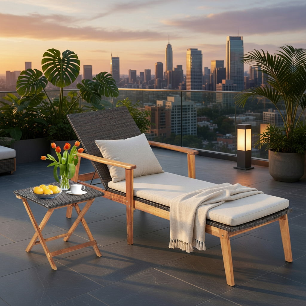 Hommoo 4-Position Adjustable Patio Chaise Lounge with Foldable Side Table, Heavy-Duty Acacia Wood & PE Rattan Outdoor Recliner Set for Backyard, Poolside, and Deck, Brown