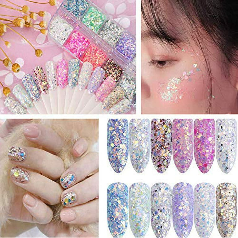 Holographic Nail Art Glitters - Nail Art Supplies Sequins - 3D Laser Nails  Glitter Flakes - Shiny Acrylic Nails Powder Dust - Silver Nail Confetti  Nail Art Decoration Sparkles for Manicure Tips 8Pcs