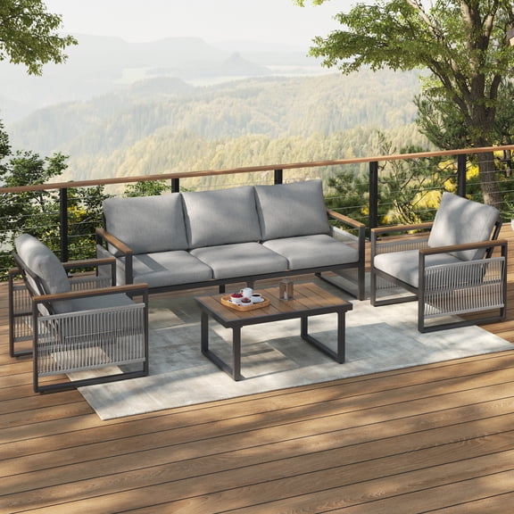 Christopher Knight Home Modern 4-Piece Outdoor Rope Woven Conversation Set,  5-Seat Sofa Set with Grey Cushions