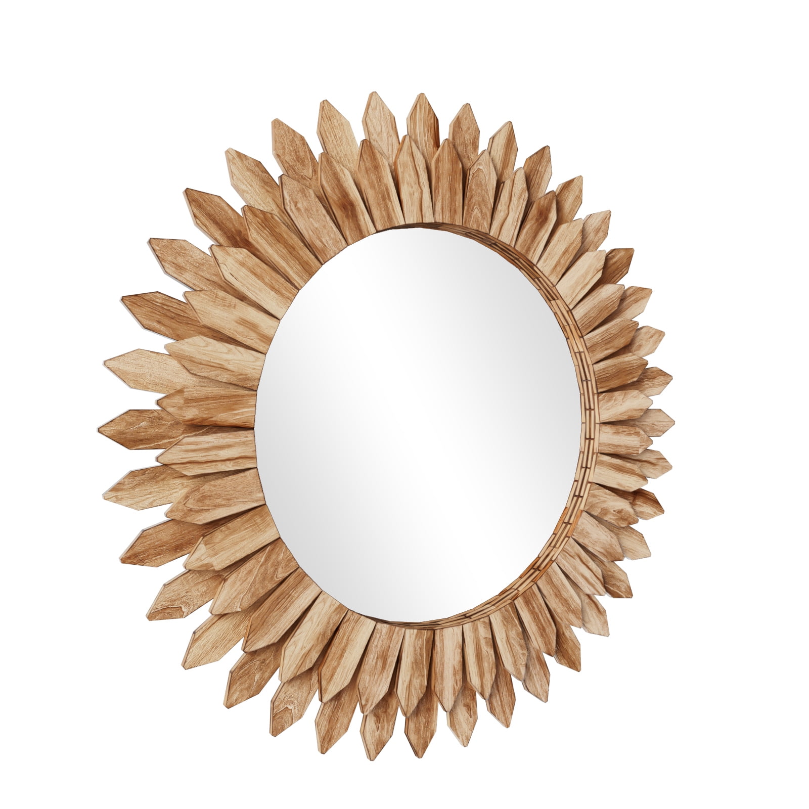 Easy4Home 24" Rustic Wood Mirror Wall Decoration Hanging Round Mirror,Light Brown