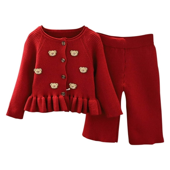 Odeerbi Kids Girls Fall Winter Outfits Ruffle Ribbed Sweater Knitted Pants Set 1-8 Years Kids Bear Button Sweater Pants Two Piece Set Long Sleeve Knitted Top Set Kids Clothes Red