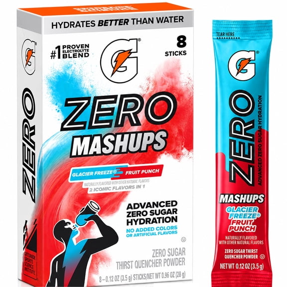 Gatorade Zero Sugar Electrolyte Powder Drink Mix, Mashups Glacier Freeze-Fruit Punch, 0.12 Oz, 8 Count Box