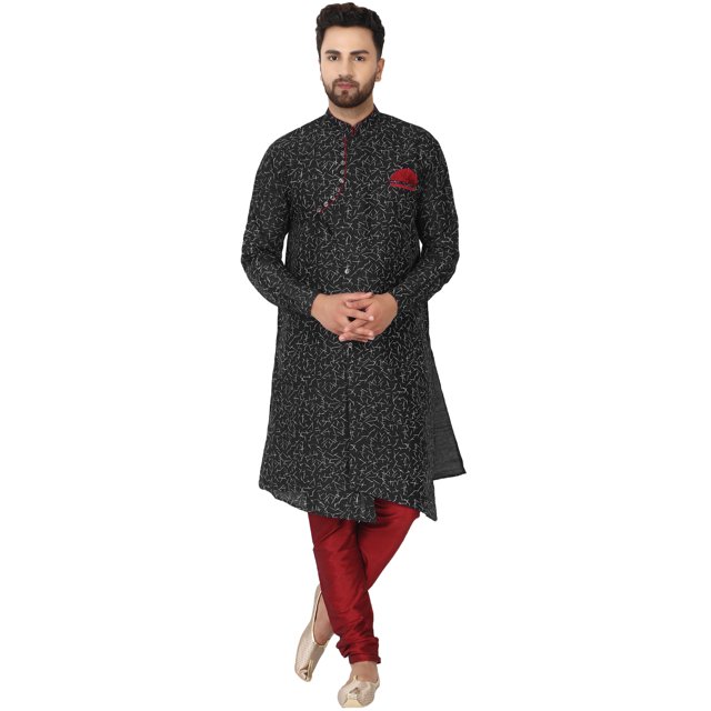 SKAVIJ Kurta Pajama Set for Men Traditional Wedding Party Dress Black M