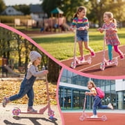 Kick Scooter with LED Light-Up Wheels, Foldable Lightweight Design with 3-Level Adjustable Handlebar, 5 Shock-Absorbing Wheels, Non-Slip Deck, for Ages 6–18, 110 lbs Capacity, Light Pink